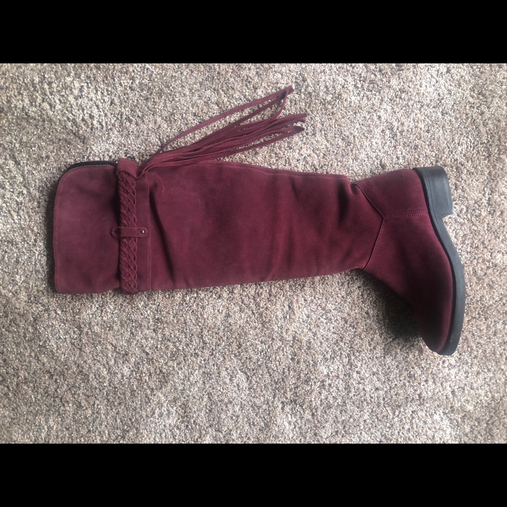 New Burgundy Suede Knee Fringed and Braided Boots
